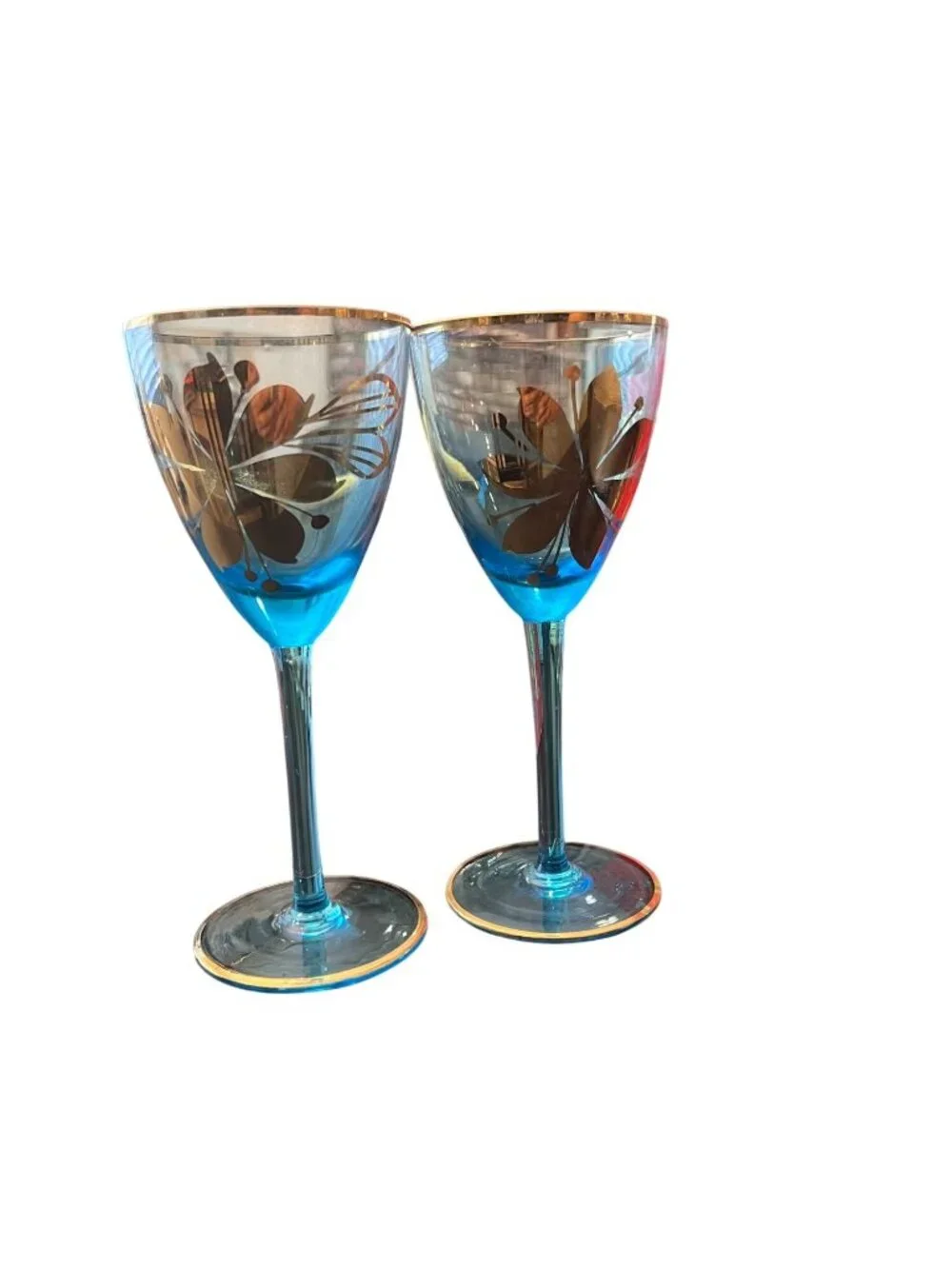 Vintage Ice Blue Wine Glasses Gold Floral Design Set Of 2 Elegant Stemware